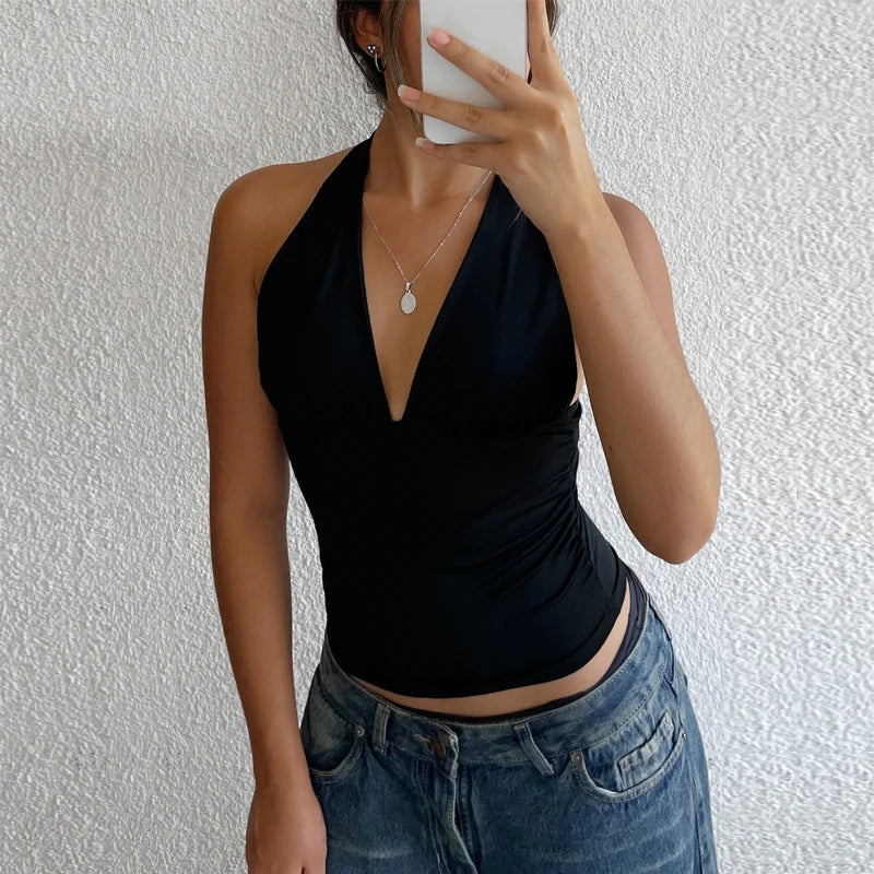 HXAO Halter Top Women Off Shoulder Deep V-Neck Crop Top y2k Sexy Backless Tank Top Street Style Casual Women's Summer Tops 2025
