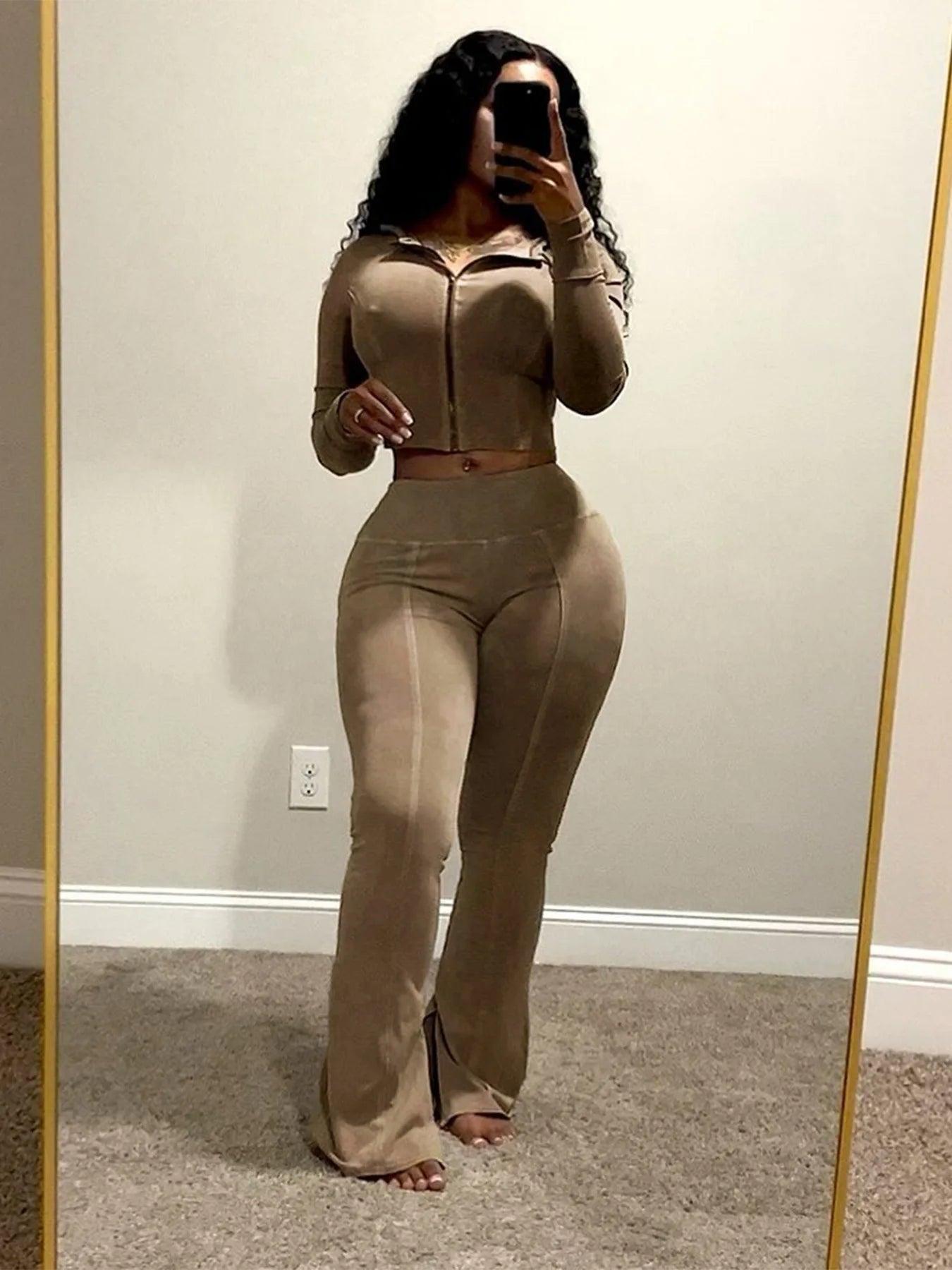 CM.YAYA Fashion Women's Set Long Sleeve Hooded Jacket and Slit Hem Flare Pants 2024 Fitness Two 2 Piece Set Outfits Tracksuit