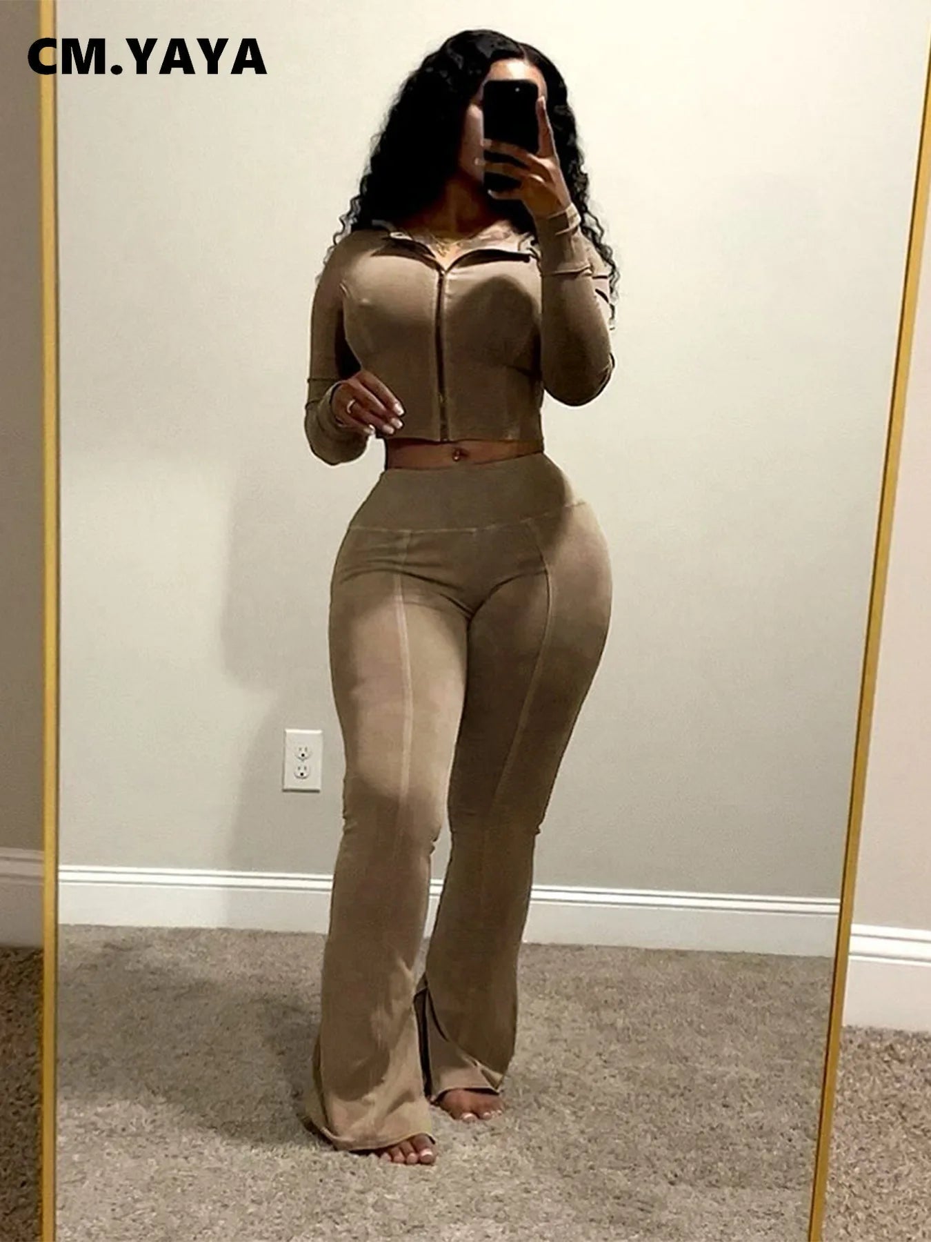 CM.YAYA Fashion Women's Set Long Sleeve Hooded Jacket and Slit Hem Flare Pants 2024 Fitness Two 2 Piece Set Outfits Tracksuit