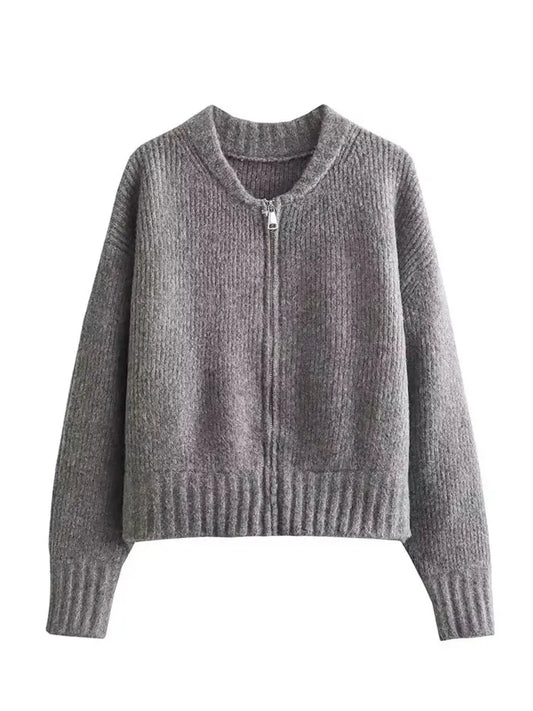 HH Women Vintage Solid Color Coat Long Sleeve Round Neck Sweater Jacket 2024 Spring Female Casual Zipper Sweater Coats