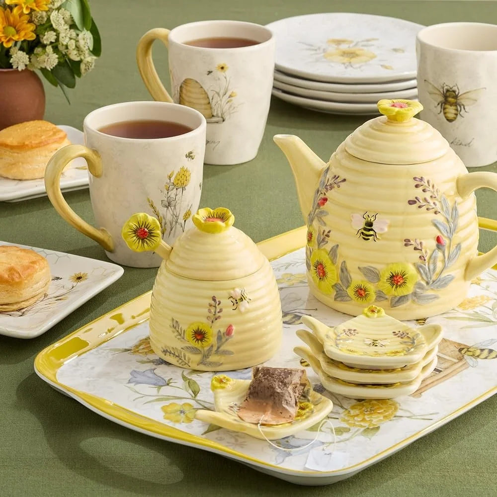 Floral Bee Design Ceramic Dinner Plates Set of 4 10.75 Inch Dishwasher Safe Nature Inspired Tableware Spring Entertaining