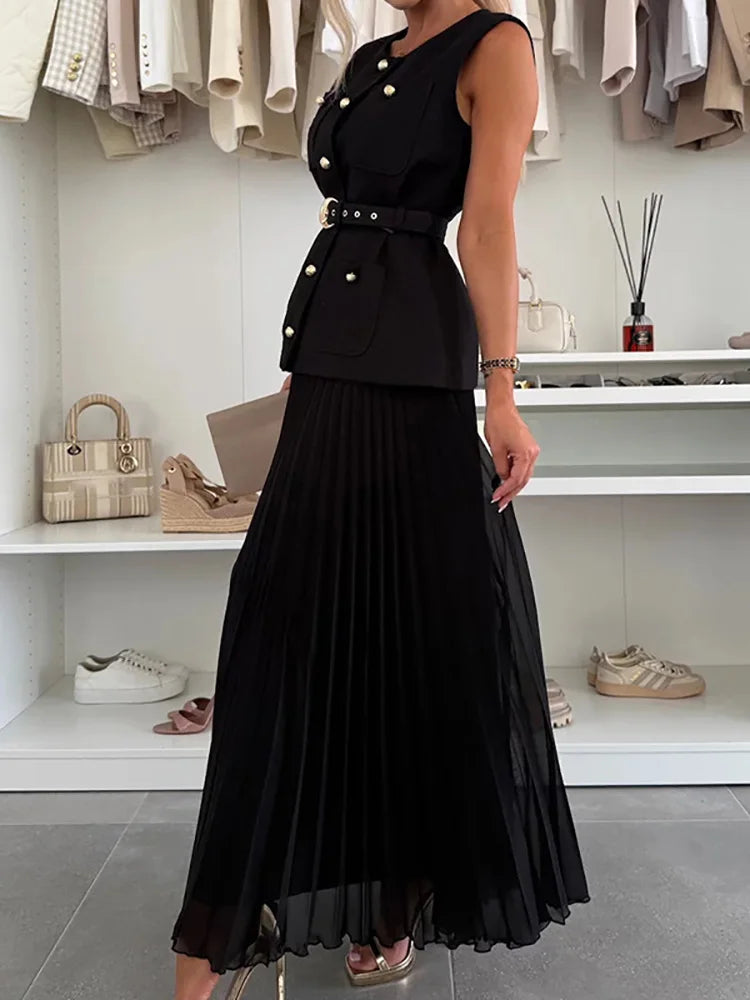 Ladies Sets Two Pieces Office Clothing, Maxi Shirts Sleeveless Buttons Coat Sets, Women Spring Summer Slim Fit Lace-Up Outfits