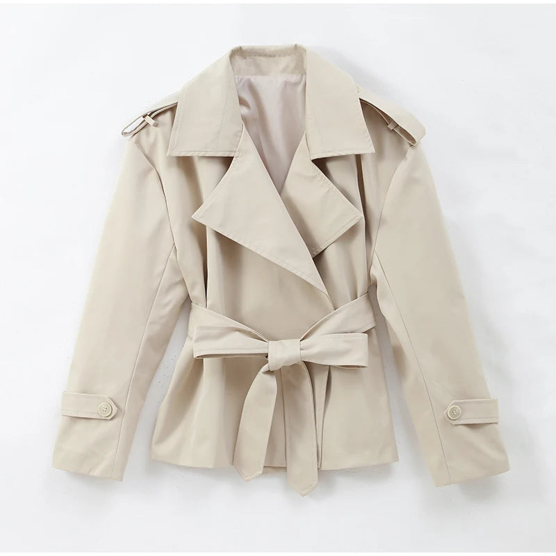 Solid Laepl Lace Up Trench Coat Women Fashion Full Sleeve Waist Cinching Short Windbreak 2025 New Autumn office commute outwear