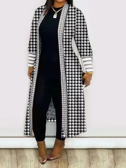 V Neck Casual Loose Female Print Long Outerwear Vintage Patchwork Streetwear Open Stitch Coats Long Sleeve Office Women Jackets