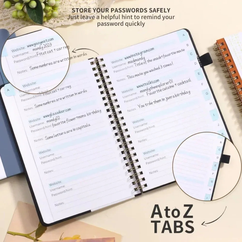 A6 Password Book Strap Spiral Notebook Website Username Password Record Notebook 56 Sheets Password Keeper Book Paper Stationery