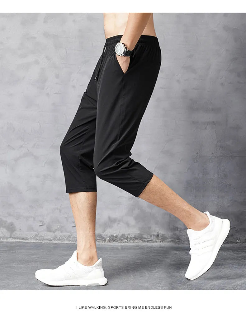 8XL 3/4 Length Men's Shorts Quick Drying Ice Silk Sport Shorts Summer Breeches Long Calf Bermuda Board Beach Elastic Big Size