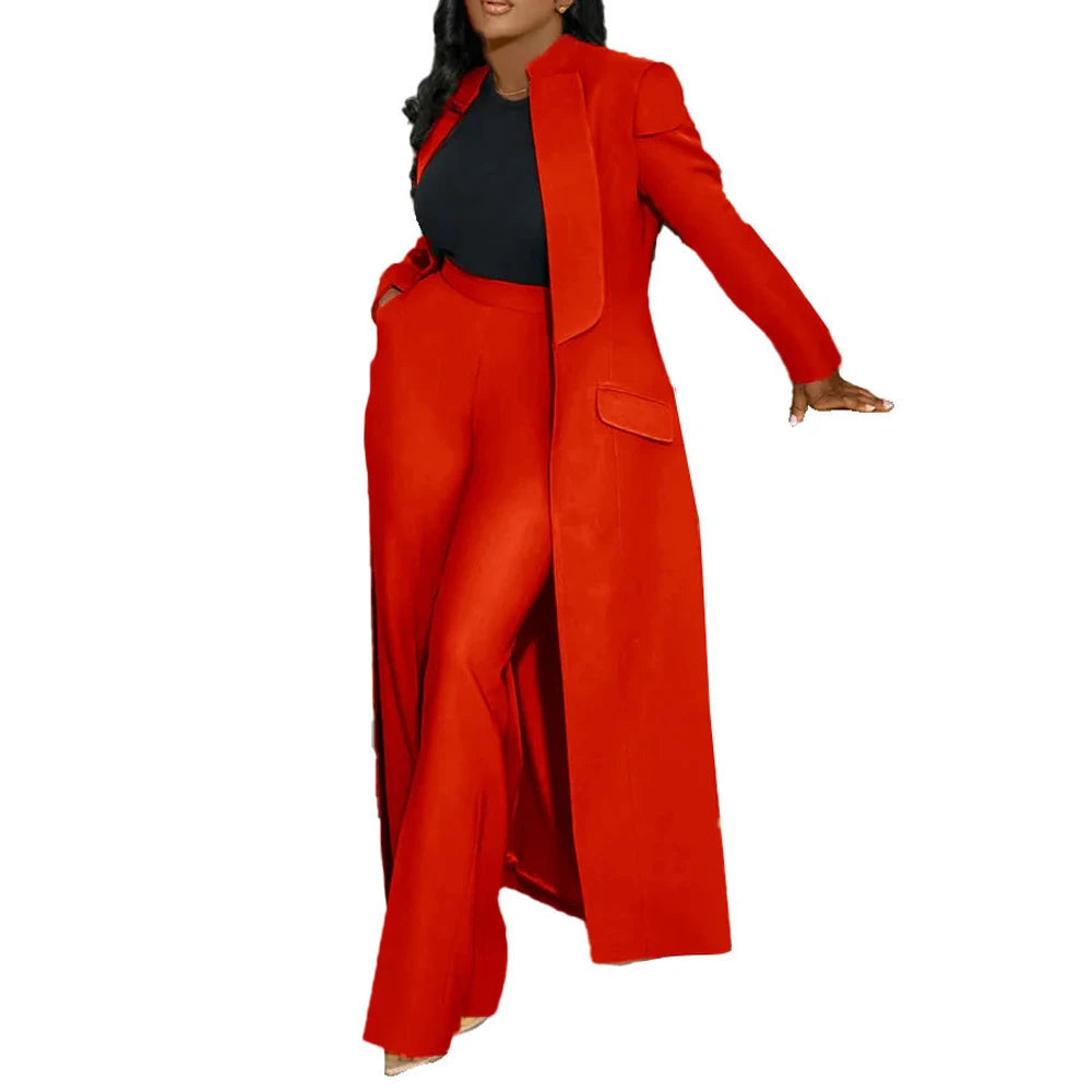 Streetwear Fashion X-Long Blazer Coat and Long Pants Suit 2 Two Piece Set for Women 2025 Spring African Work Business Outfits