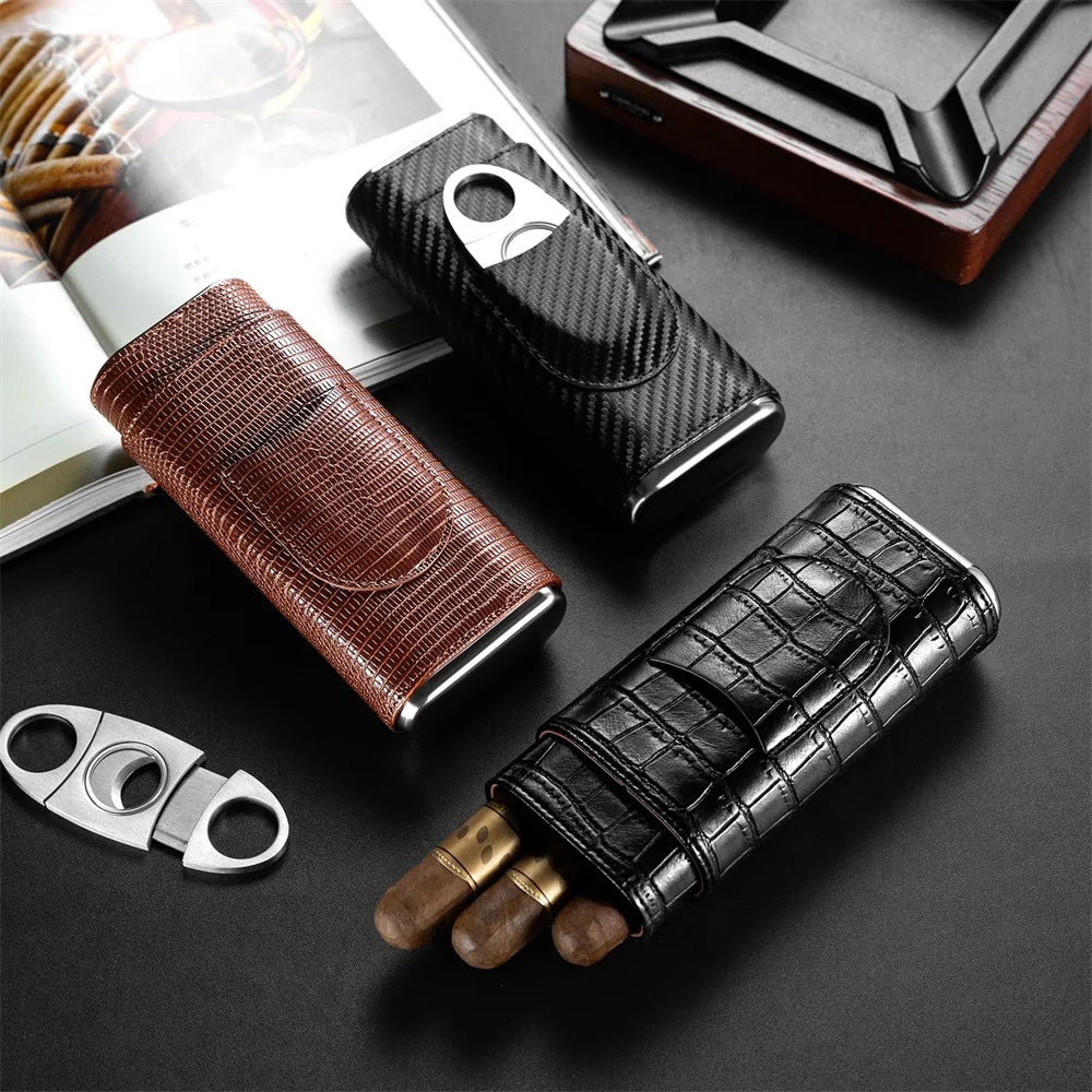 3-pack Cigar Case Luxury Portable Leather Holder Box Storage with Stainless Steel Sharp Cigar Cutter Smoking Accessories CH-24FA