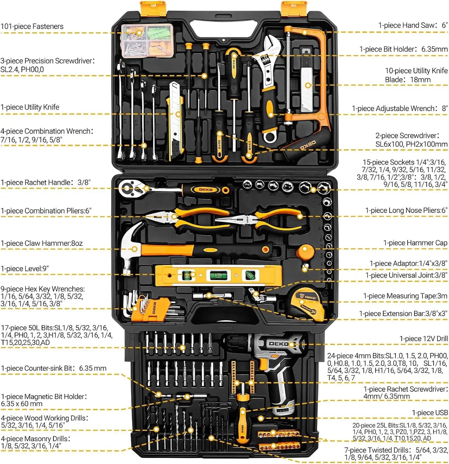 Tool Kit Box Drill Set：Home Mechanic Toolbox with 12V Power Cordless Drill Hand Repair Tools Sets Combo Kits Storage Drawer