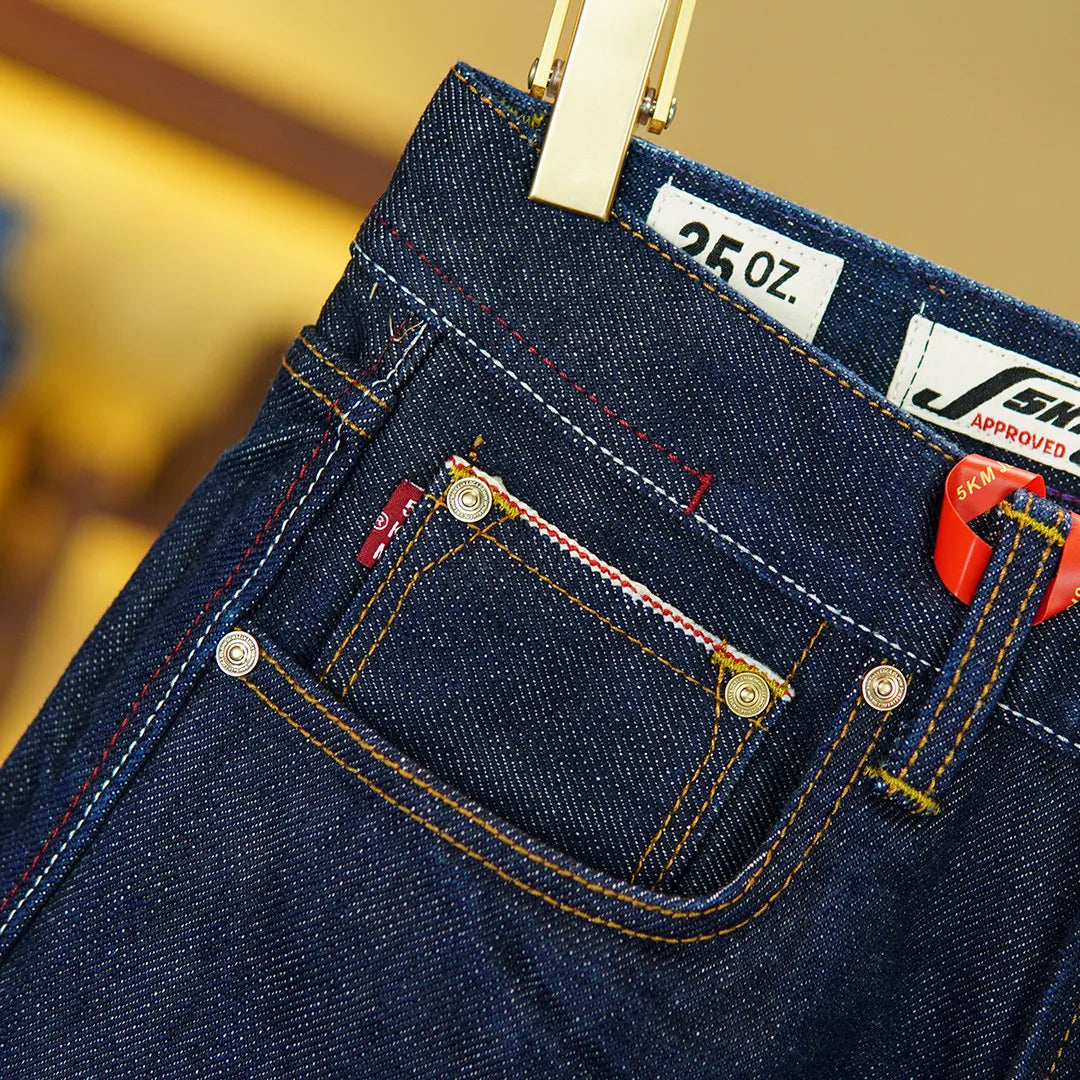 Heavyweight 25oz Red Selvedge Denim Jeans for Men American Vintage Casual 100% Pure Cotton Regular Straight Trousers 5KM Winter
