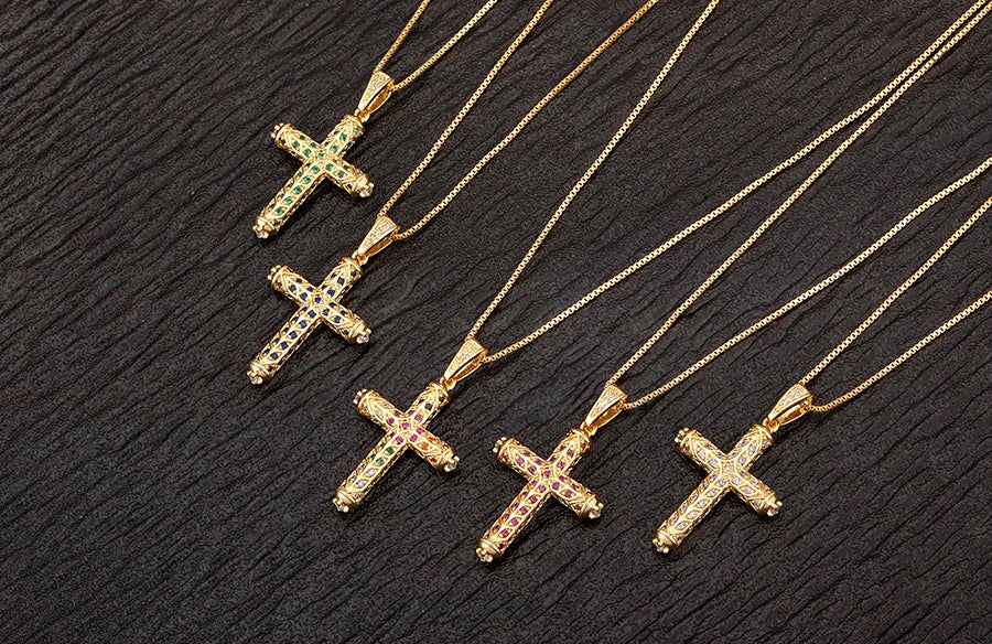 Nidin New Arrival Retro Column Shape Cross Pendant Necklace For Female Male Irregular Geometric Shine Zircon Jewelry Accessories