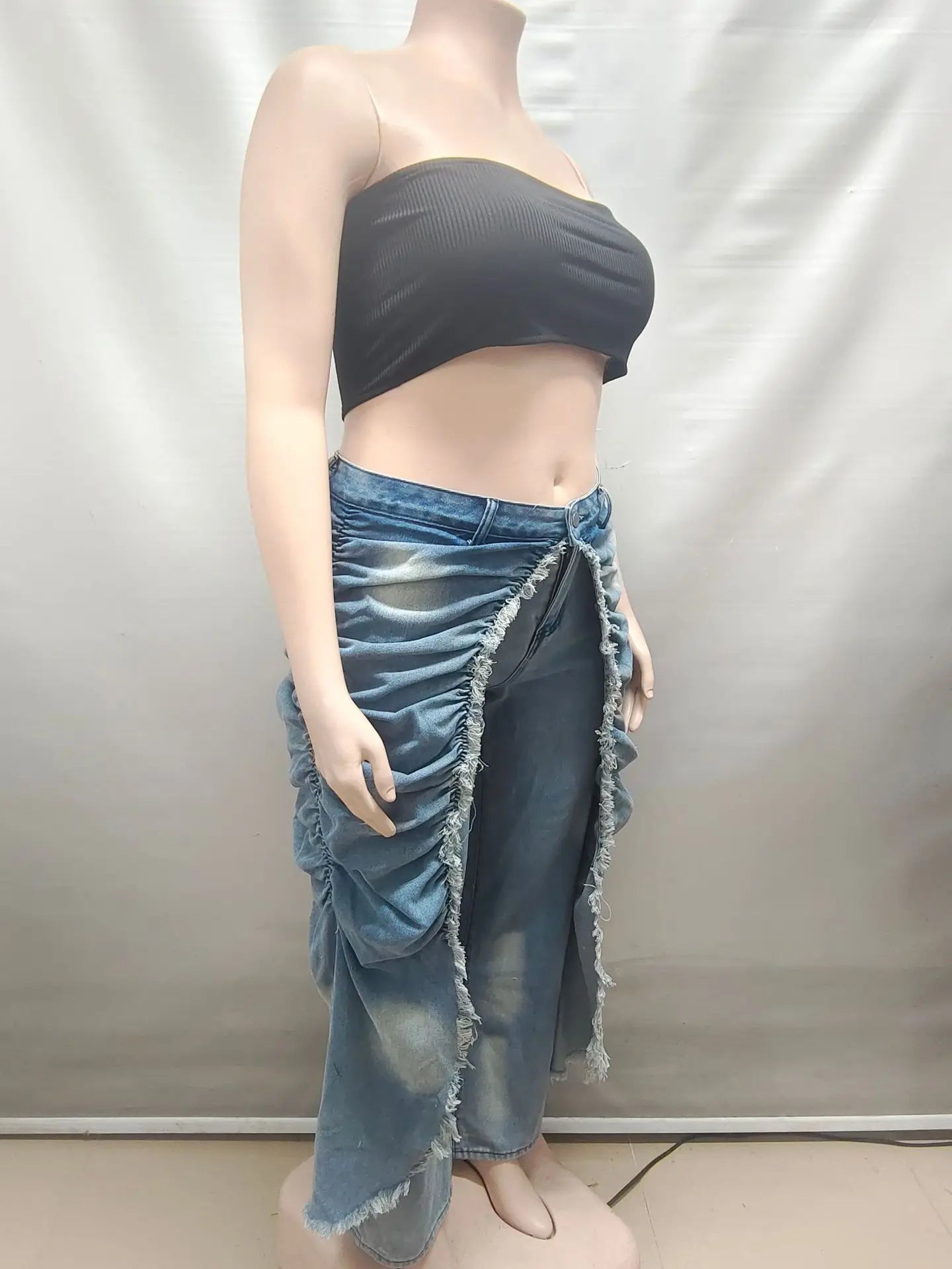 Women Solid Jeans Pants Denim Pleated Trousers Fuzzy Edge Full Lenth Mid Waist Zipper Straight Y2k Streetwear Casual 2026 Spring