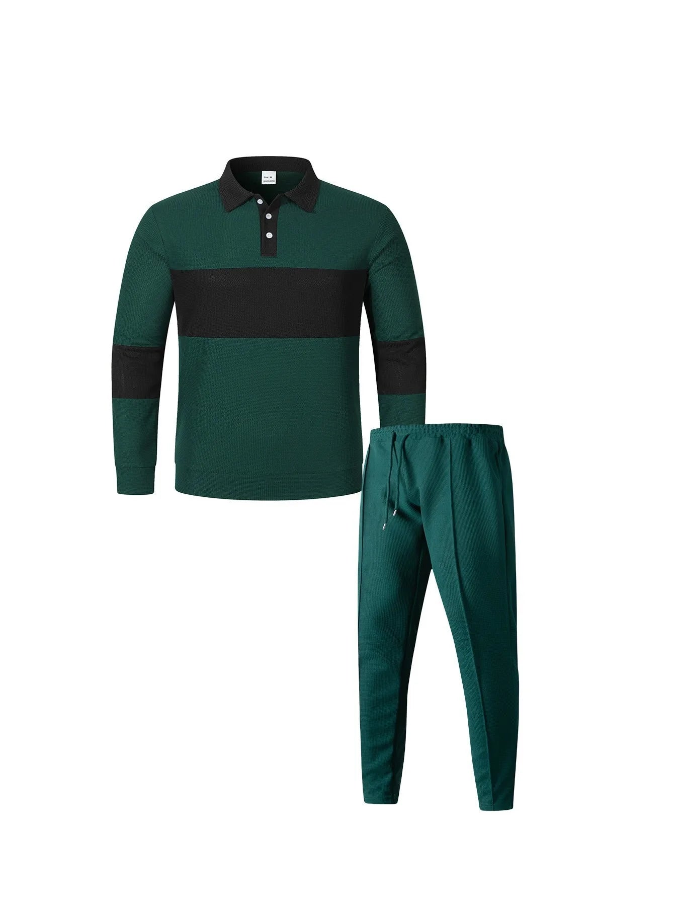 Men's Fashion 2-Piece Outfit Waffle Knit Polo Neck Top & Straight Leg Pants Set Casual Sporty Color Block Tracksuit
