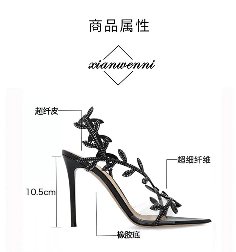European American Pointed-Toed Rhinestone Leaves Thin Heel Sandals 2025 Spring And Autumn New Style Fashionable Elegant Party