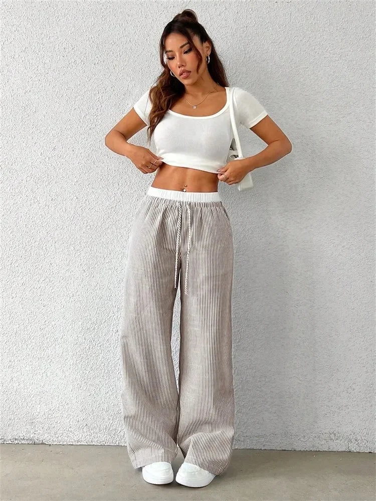 Casual Striped Woven Wide Leg Pants for Women Autumn Winter Casual Stylish Full Length Trousers Y2K Clothes Streetwear