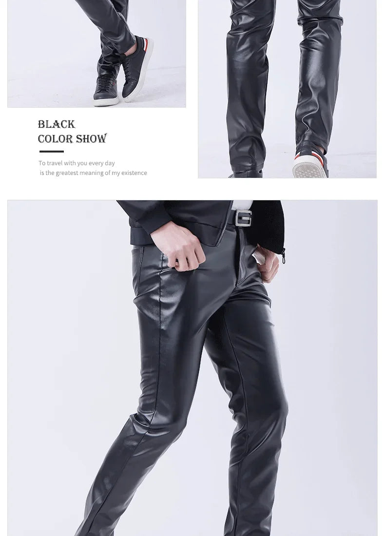Spring Autumn Stretch Skinny Faux Leather Pants Men Black White Red Blue Khaki Grey PU Pants Plus Size 40 Men Joggers