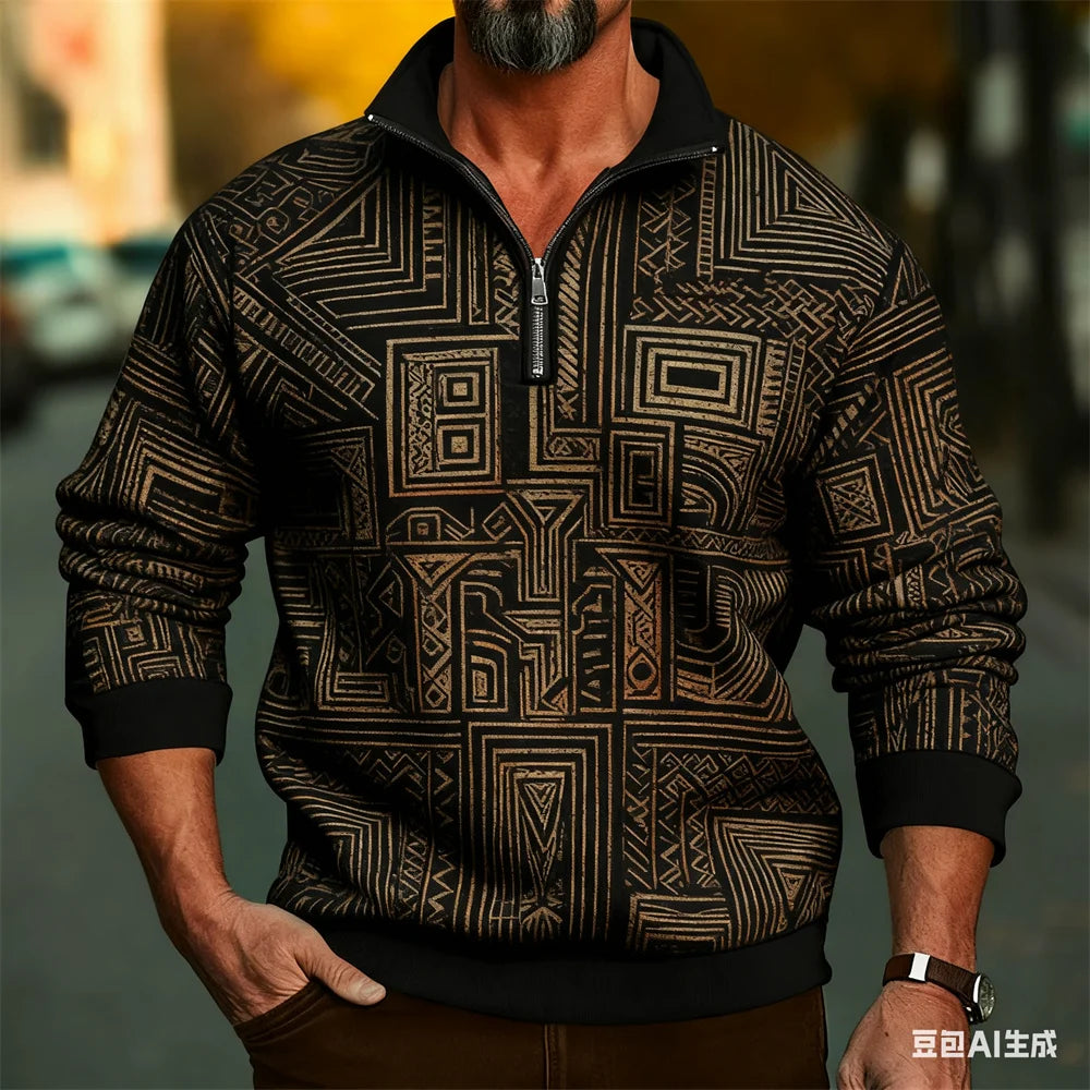 Men's Vintage Classic Print Zipper Sweatshirt Fashion Outdoor Street Casual Long Sleeve Pullover Autumn Winter Half Zip Clothing