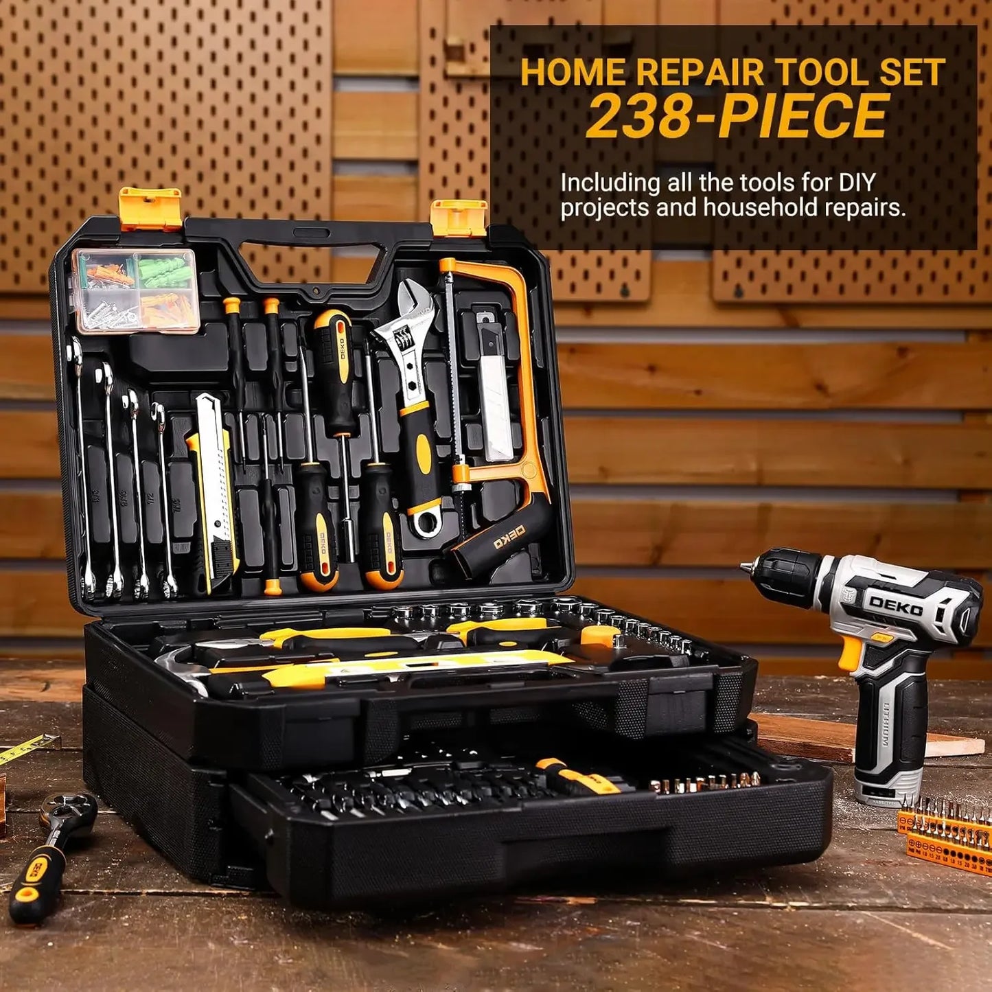 Tool Kit Box Drill Set：Home Mechanic Toolbox with 12V Power Cordless Drill Hand Repair Tools Sets Combo Kits Storage Drawer