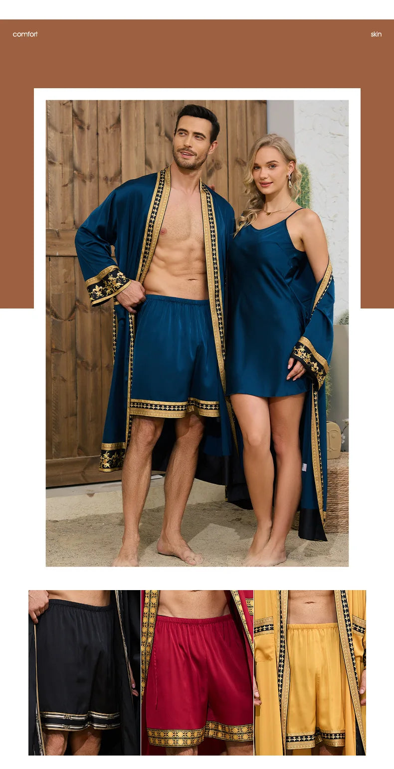 Spring Summer New Men Pajama 2PCS Robe Shorts Set Baroque Style Silk Satin Kimono Bathrobe Gown Loose Home Clothing Loungewear