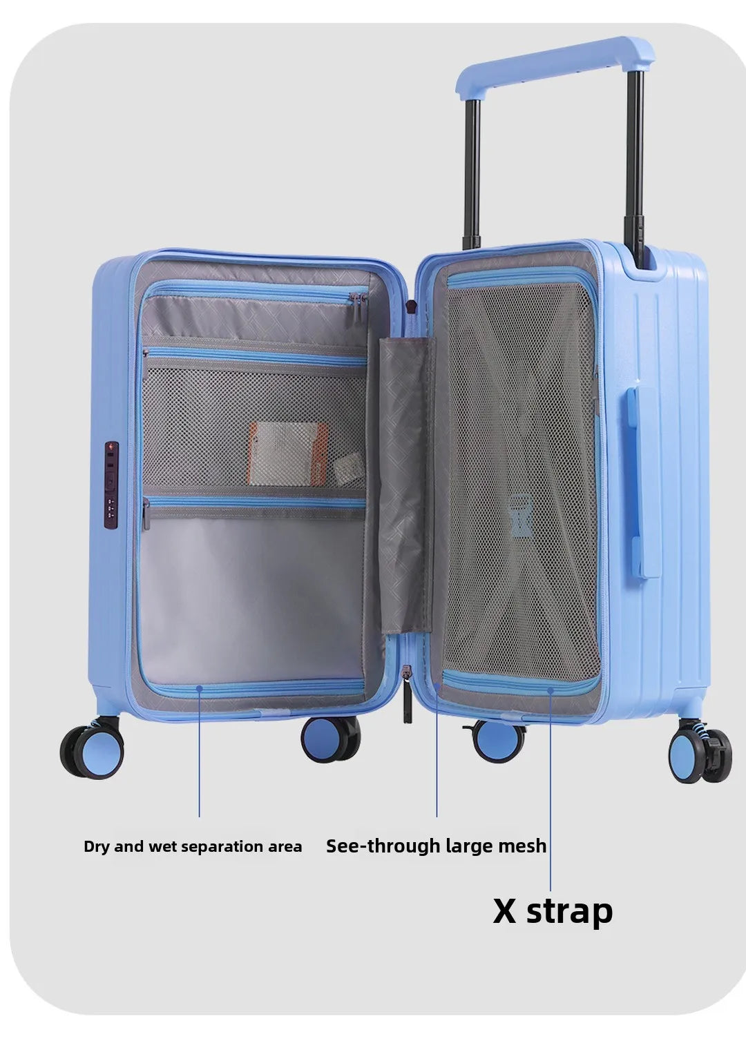 Wide Handle Front Opening Luggage Travel Bags Password Boarding Case 2025 Large Capacity Zipper Rolling Luggage Case