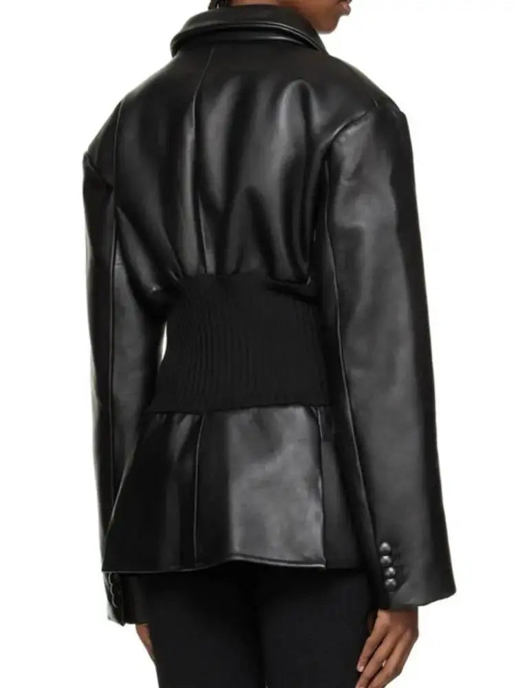 DEAT Fashion Women's Blazer Notched Collar PU Patchwork Knitted Super Waist Silhouette Suit Jackets Spring 2025 New 17A2010H