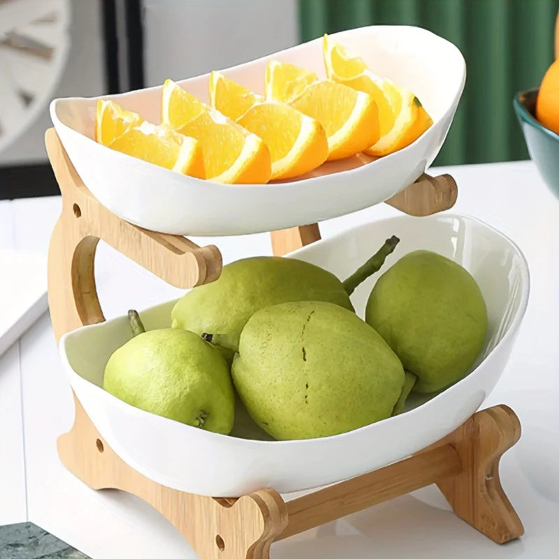 Partitioned Wooden Serving Tray, Natural Bamboo Snack & Fruit Platter for Kitchen Table, Perfect for Party, Family, Housewarming