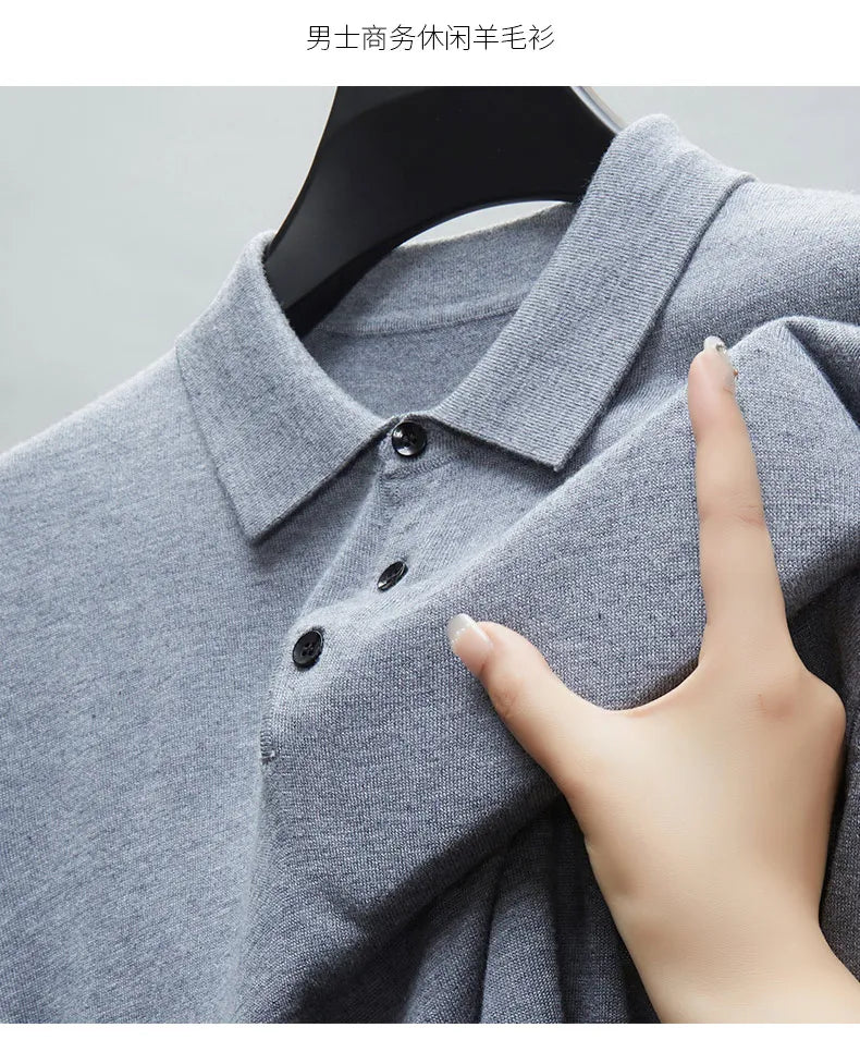 Men's Fine Wool Sweater Polo Collar Pullover Spring Autumn New Cashmere Knitwear Smart Casual Loose Men's Shirts Warm Soft Tops