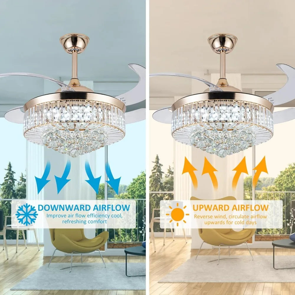 Reversible Chandelier Crystal Ceiling Dimming Modern Ceiling Fan Remote Control Retractable Invisible Blades  Fan with Stepless