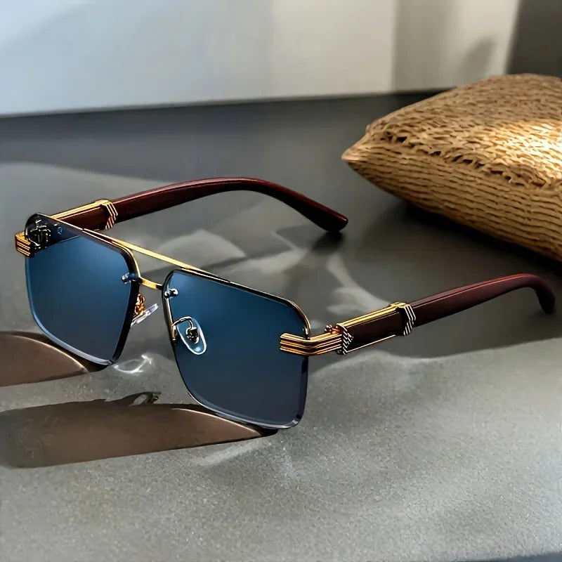Women's Frameless Double Beam Fashion Sunglasses Golden Border Wood Grain Bracket for Male and Female Drivers Black Eyeglasses