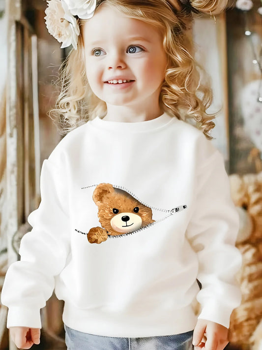 New fashionable children's casual creewneck sweatshirt, 3D printed zipper bear pattern, daily wear, soft texture, simple