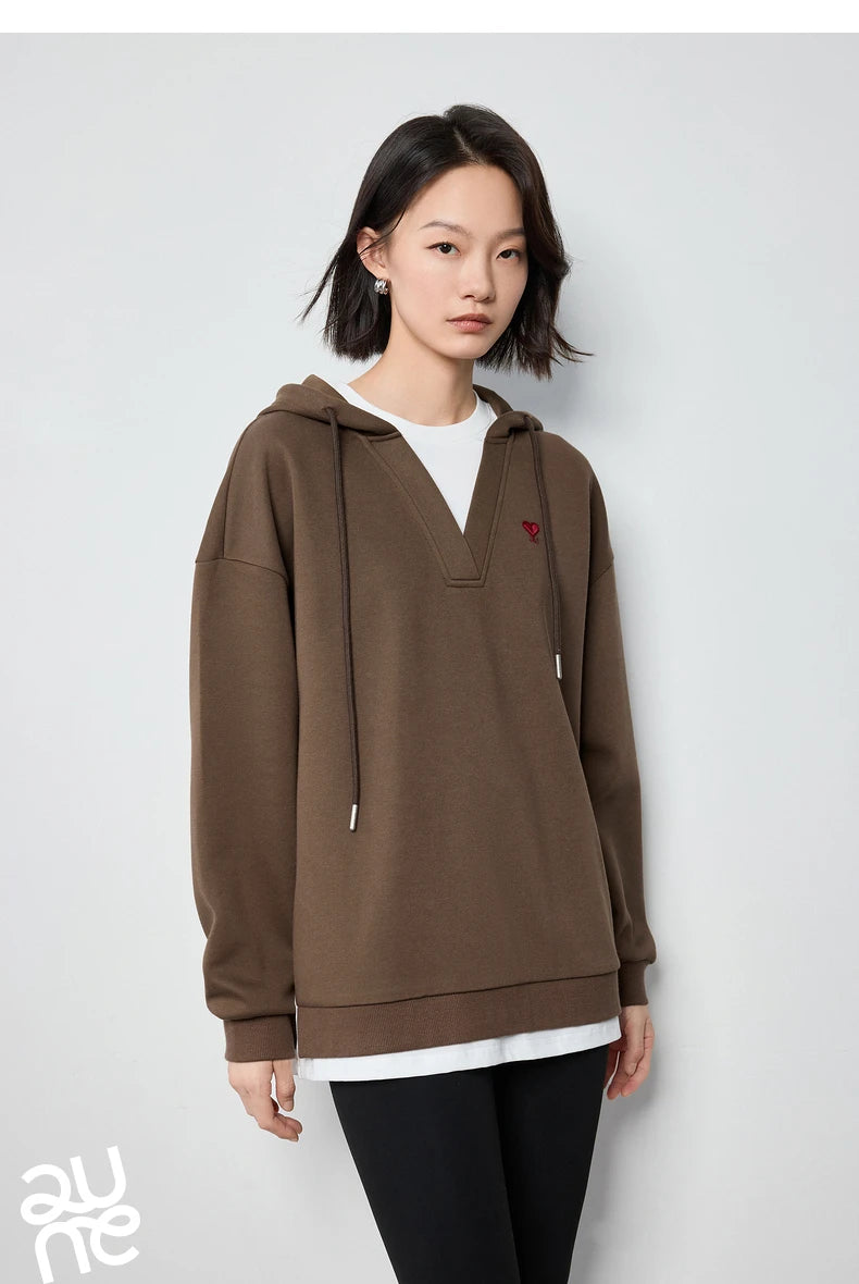 TOYOUTH Women Hoodies Sweatshirt 2024 Autumn New Heart Patter Embroidery Fake Two Piece Hooded Pullover Tops