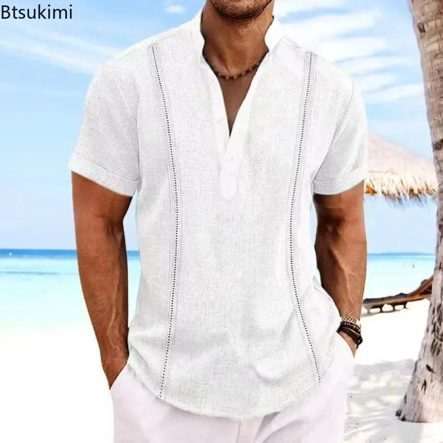 Men's Fashion Beach Holiday Shirts Summer Short Sleeve Cotton Linen T-shirt Comfort Breathable Casual Simple Lapel Tops for Men