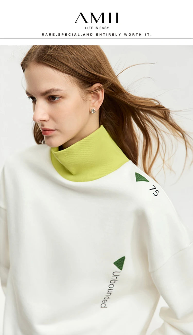 AMII Minimalist Preppy Style Embroidery Sweatshirt Women 2024 Autumn Lazy Loose Spliced Turtleneck Velvet Pullovers 12333011