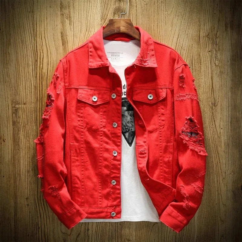 S-3XL Fashion Denim Jacket Men Ripped Holes Mens Pink black Jean Jackets Garment Washed Mens Denim Coat