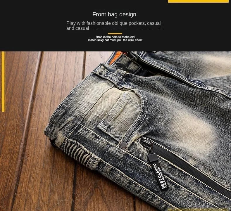Luxury Men's Classic Jeans Straight Pants Autumn and Winter Retro Ripped Hole Denim Trousers Motorcycle Work Pants for Men