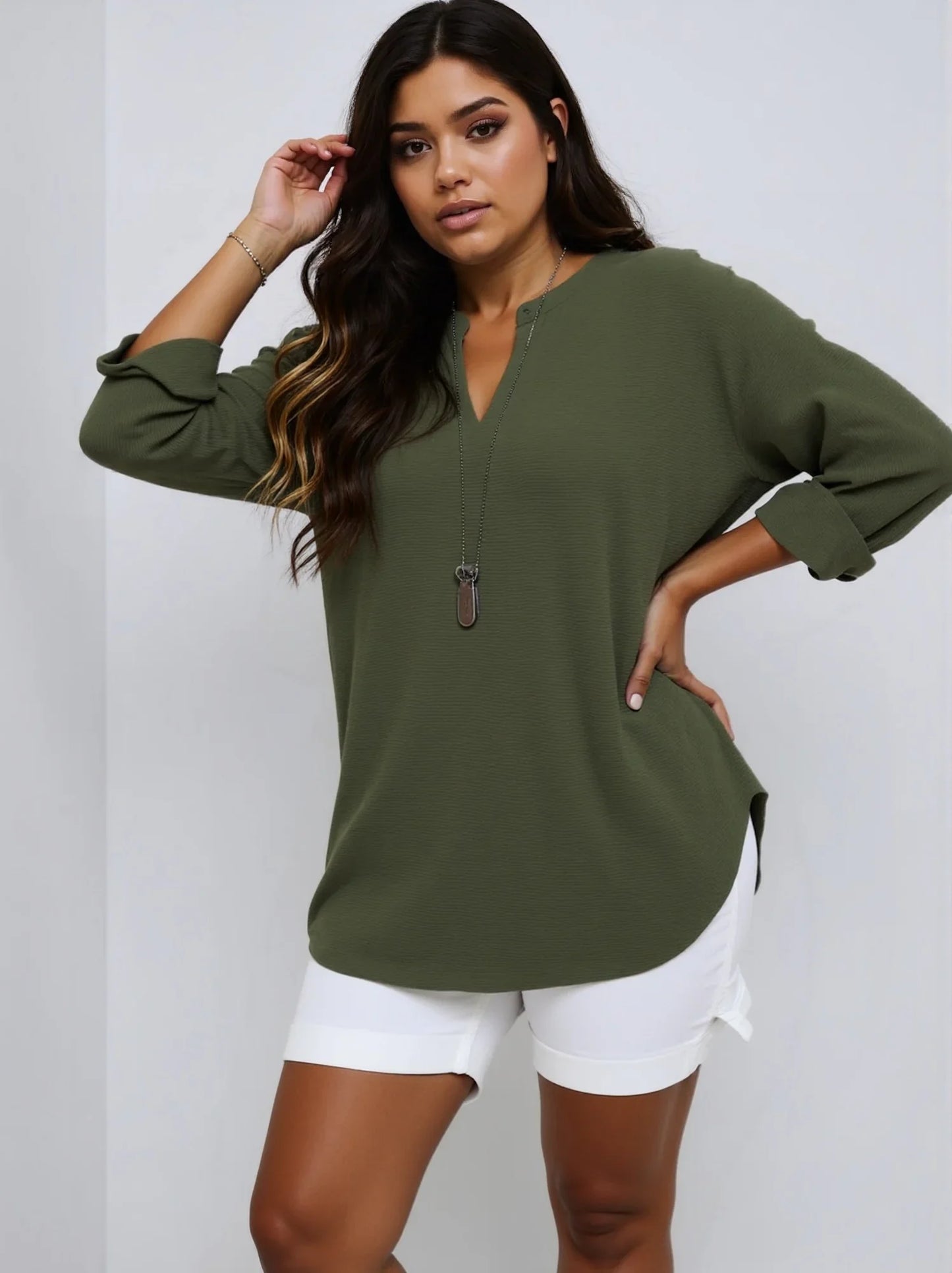 Plus Size 2025 New Casual Tops Women's Loose Long Sleeve Stand Collar T-shirts Polyester Fashion Female Apparel V-neck Clothing