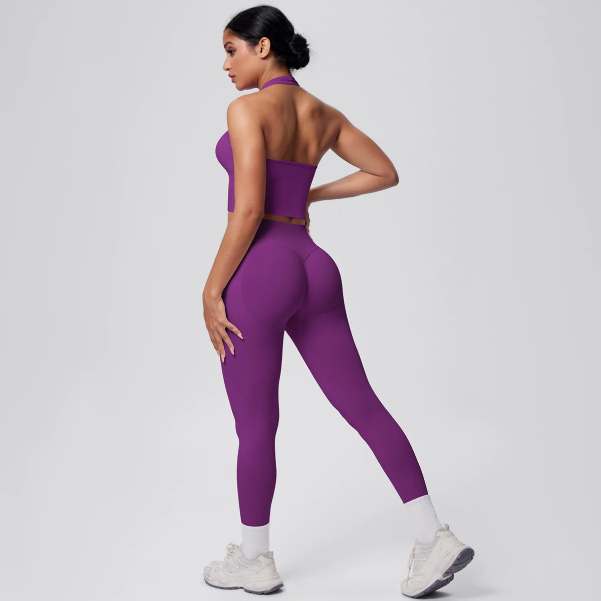Solid Color Backless Breathable 2pieces Set for Woman High Strength Training Yoga Set Hanging Neck Bra Gym Push Up Fitness Pants