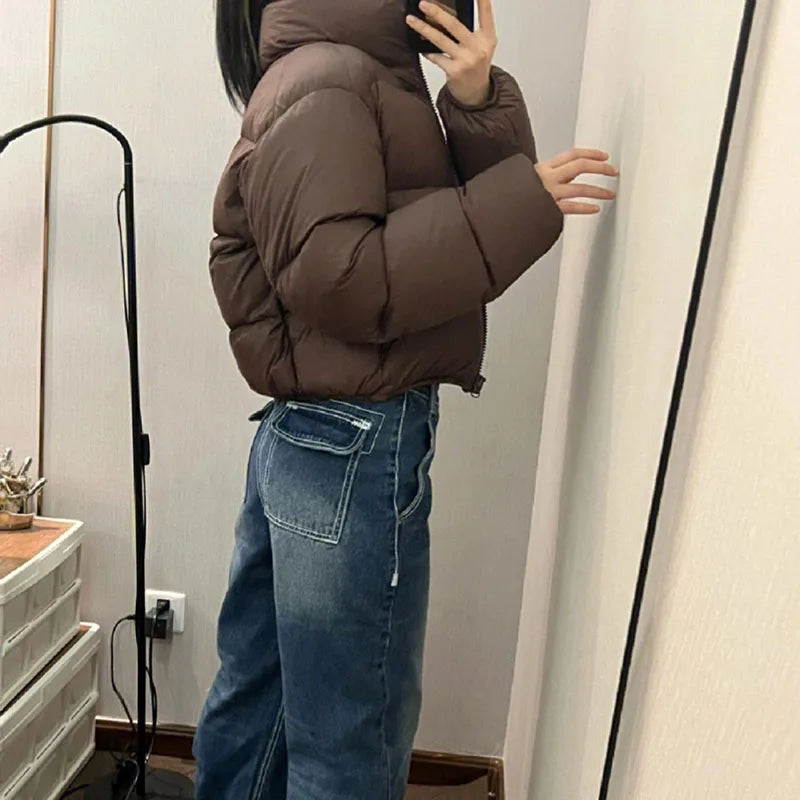 Casual Cropped Parkas for Women Winter New Loose Stand Collar Thick Warm Quilted Jacket Versatile Zipper Long Sleeve Bread Coat