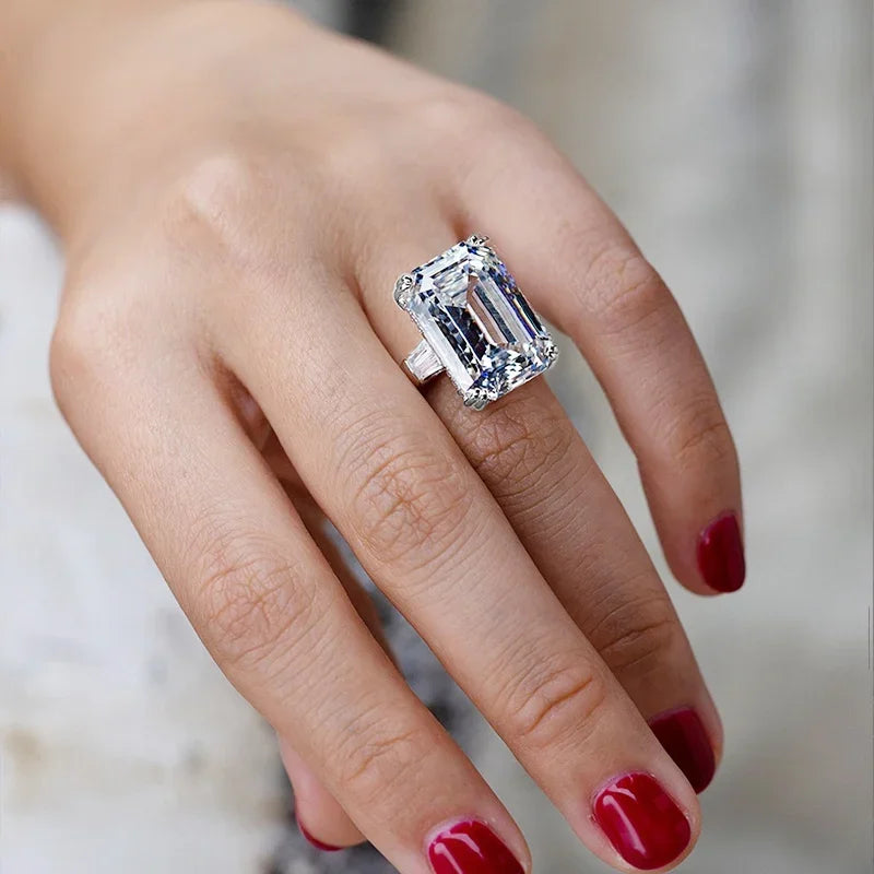 New Simple Shiny Big Rectangle Zircon Women Rings White/Pink Stones Available Bridal Wedding  Top Quality Noble Lady