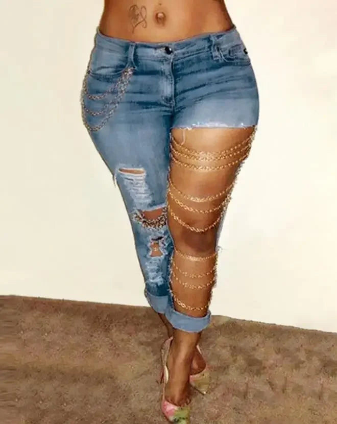 CPSYMYM Women's Jeans Spring  Chain Decor Cutout Ripped Casual Skinny Daily Long Denim Pants Y2K Streetwear