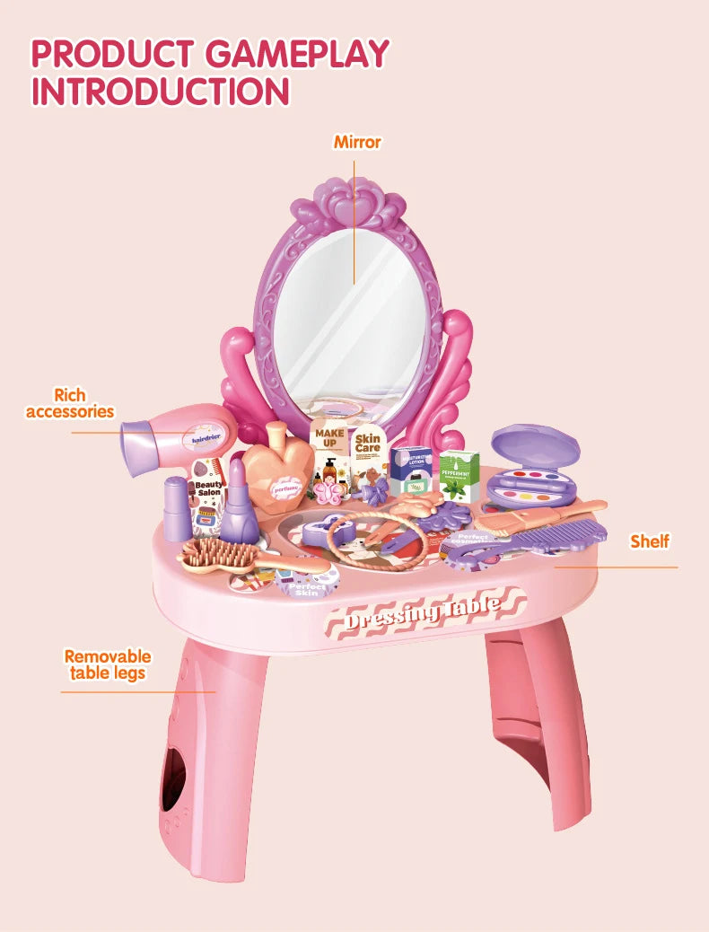 Children's Play house Toy Girl Simulated Dressing Table, DIY table and stickers, Girl pretending makeup toy gift for kid