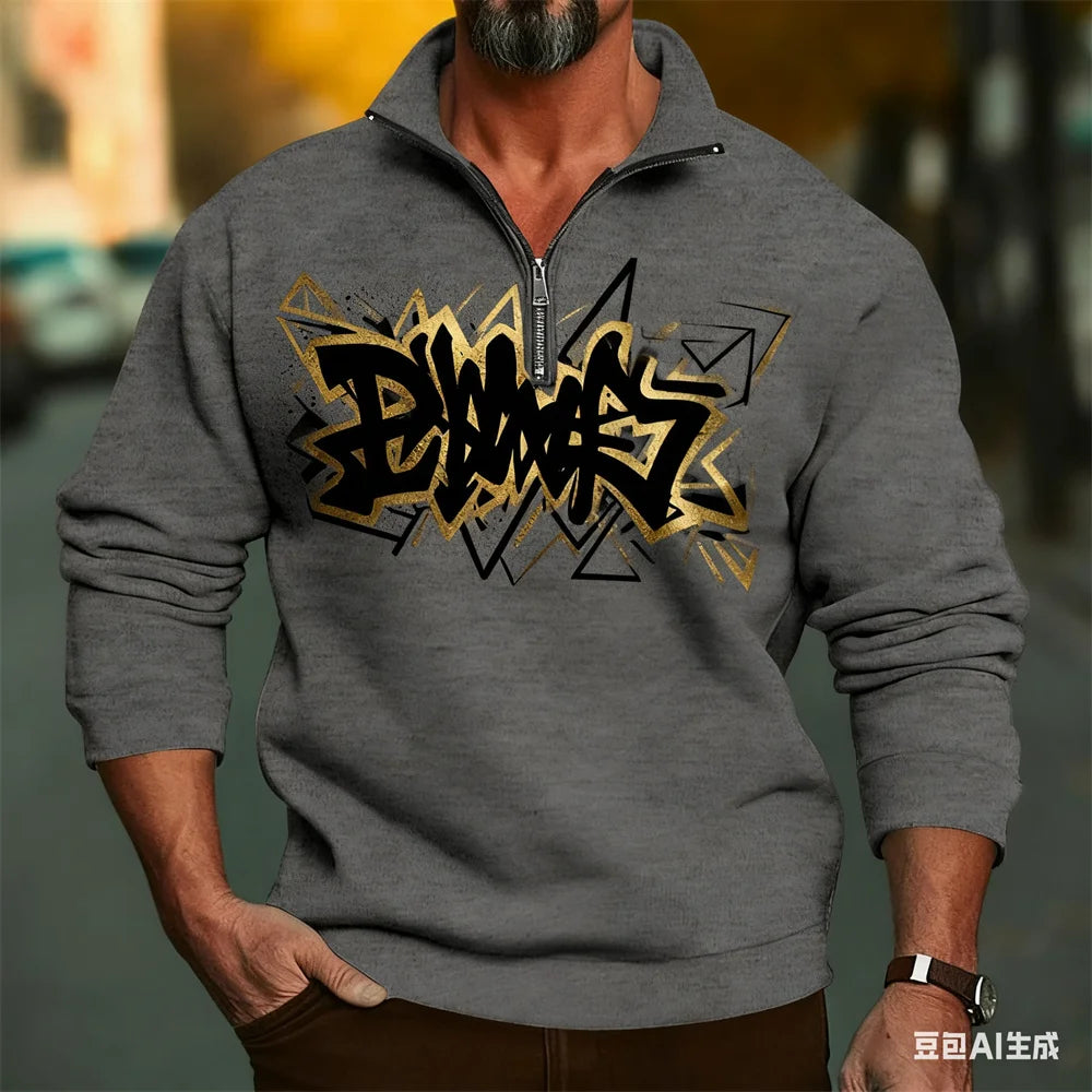 Men's Vintage Classic Print Zipper Sweatshirt Fashion Outdoor Street Casual Long Sleeve Pullover Autumn Winter Half Zip Clothing