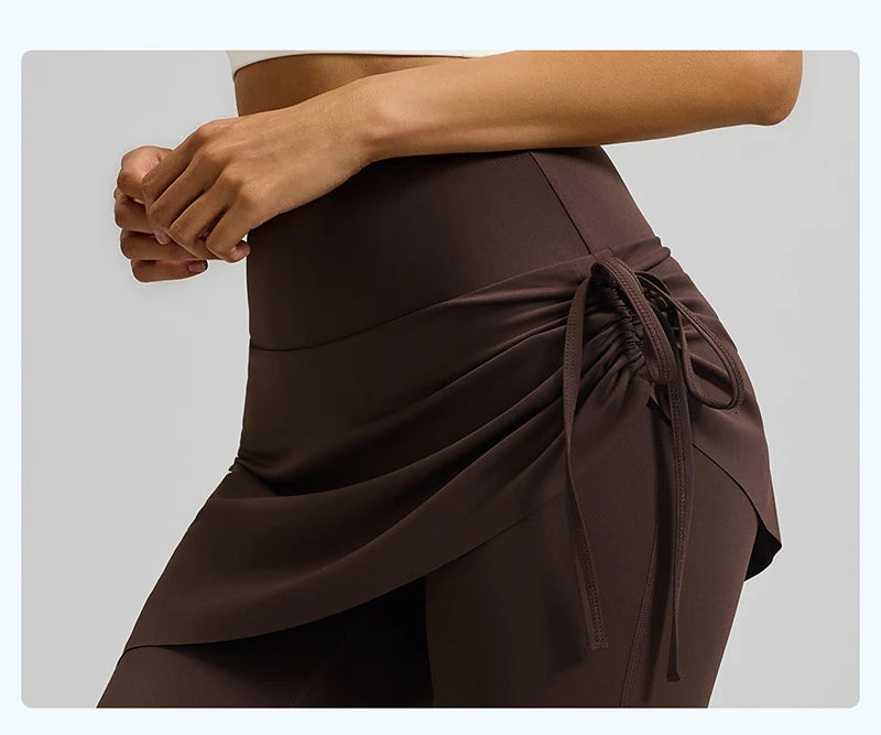 BIVIGAOS New Spring Drawstring Pleated Yoga Leggings Skirt Pants Fake Two Piece Women High Waist Elastic Sports Fitness Leggings