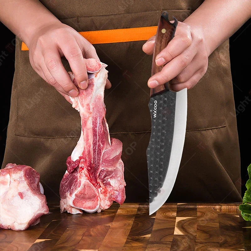 Kitchen Knife Supplies Forged Butcher Knife Fruit Slicing Bottle Opener Knife Multipurpose BBQ Cooking Chef Knife Wood Handle
