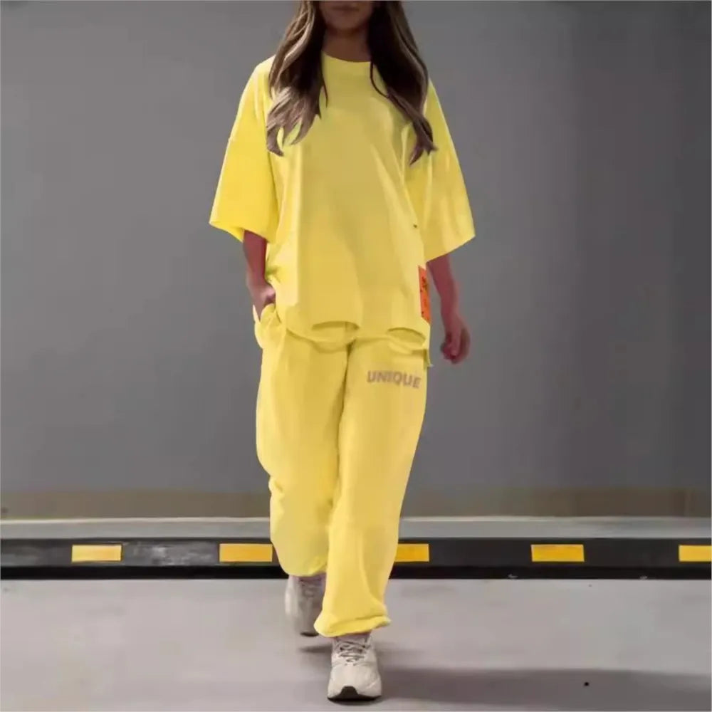 Summer New Fashion Hollowed Out O Neck T Shirt Women's 2 Piece Set Solid Color Casual Relaxed Tracksuit Pants Pocket Female Suit