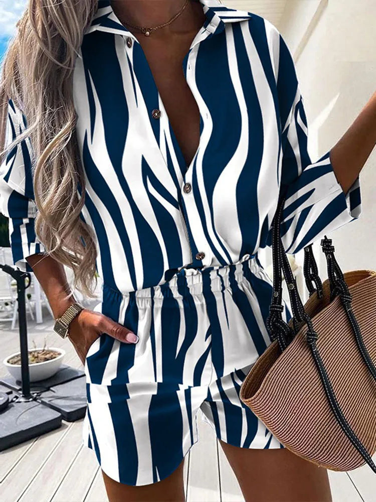 Fashion Women Print Two Piece Sets 2022 Spring Summer Turn-down Neck Long Sleeve Shirt Tops Short Pant Suit Lady Casual Outfit