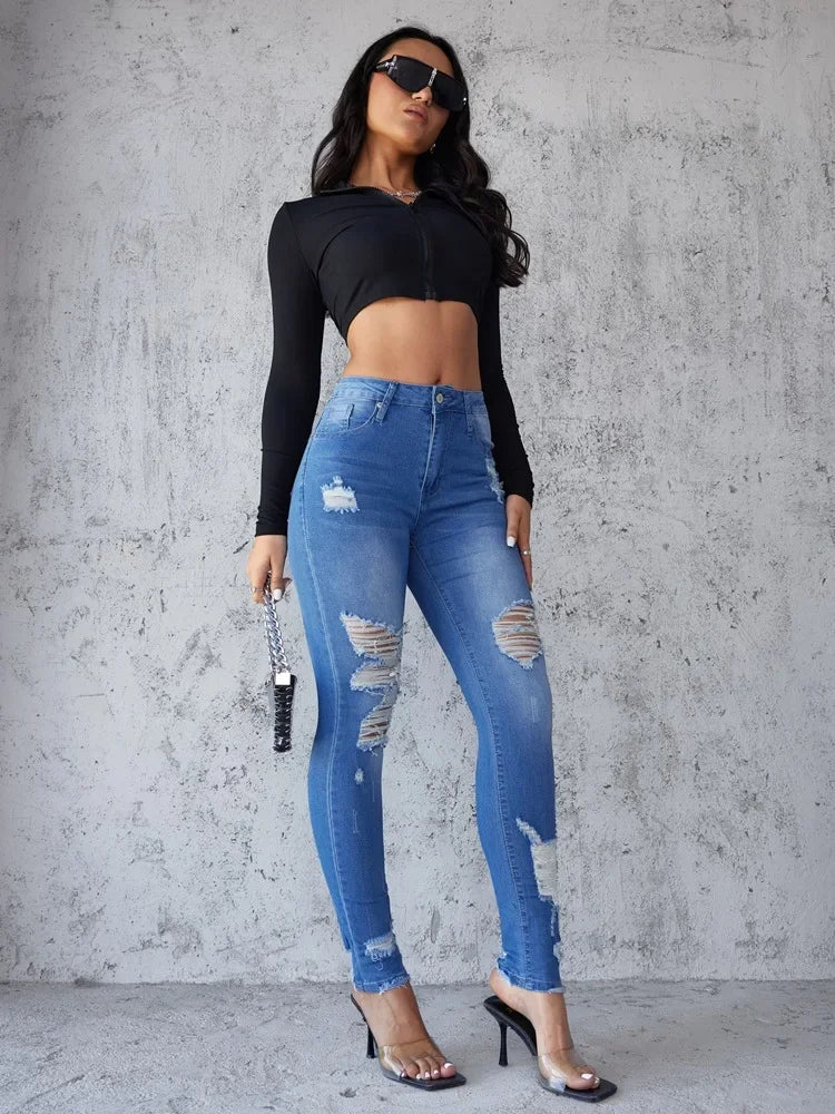 Women's Skinny Jeans Hole Design Spring Summer New Style Butt Lifting Long Trousers Comfortable Fit Denim Pants