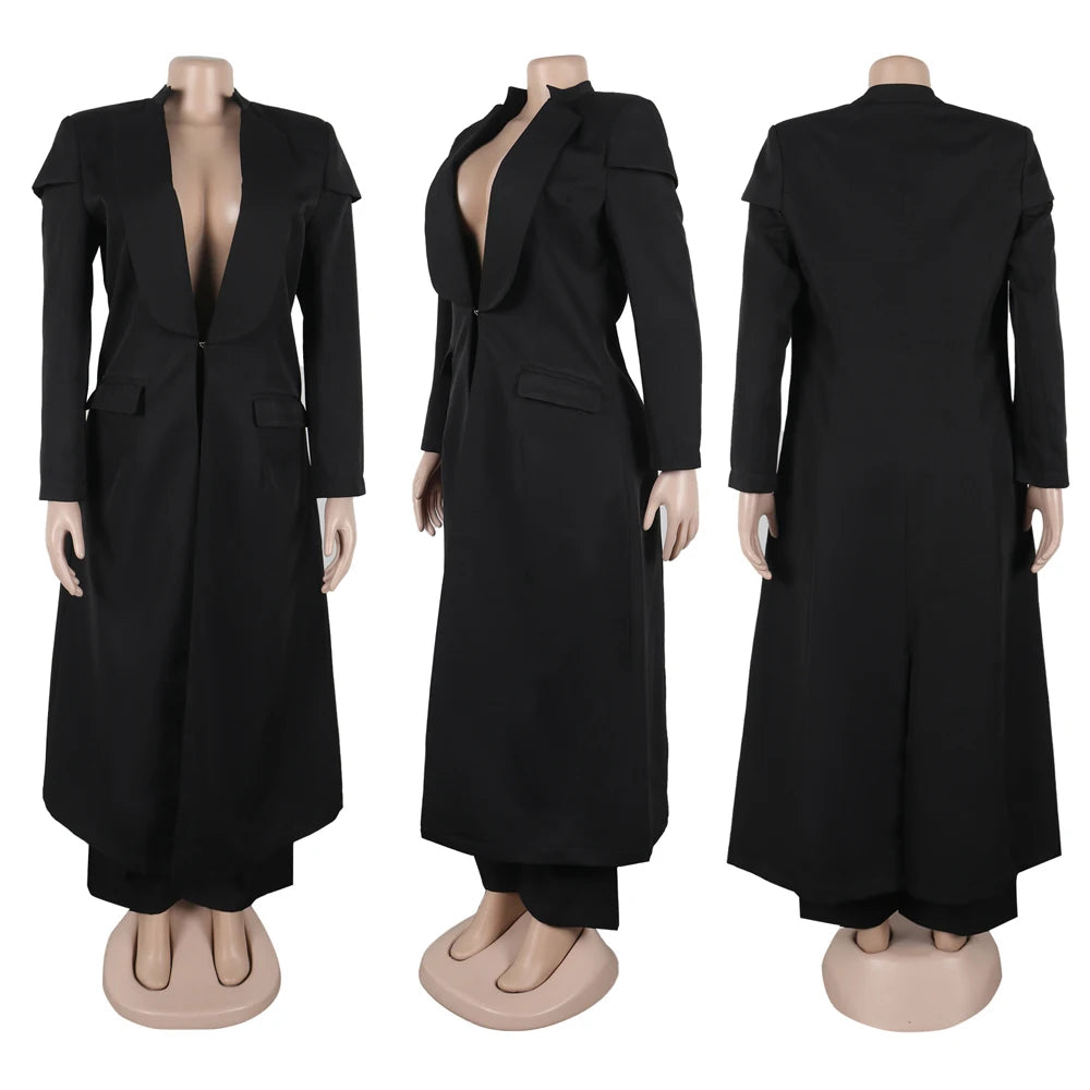 Streetwear Fashion X-Long Blazer Coat and Long Pants Suit 2 Two Piece Set for Women 2025 Spring African Work Business Outfits