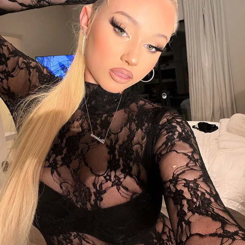 Mesh Sheer Hollow Out Long Sleeve Sexy See Through Skinny Exotic Jumpsuit Bodycon Summer Women Outfit Night Party with Gloves