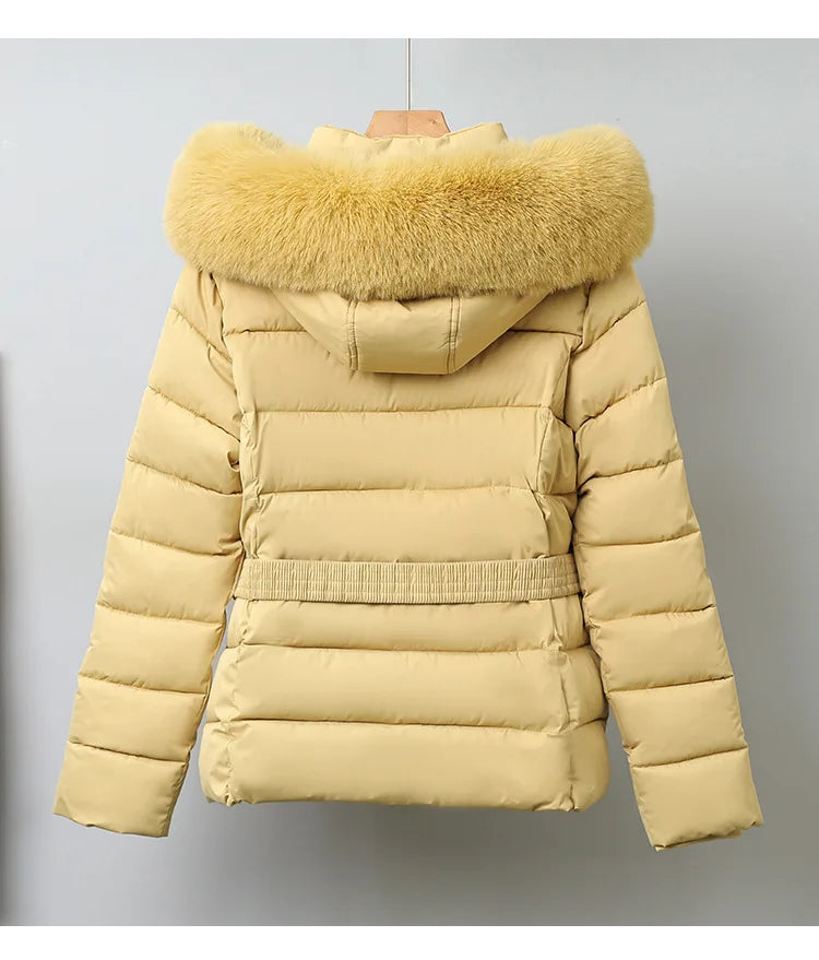 Winter Large Fur Coat Women With Belt Hooded Fur Collar Puffer Jacket Women New Warm Loose Parka Ladies Cotton Padded Overwear
